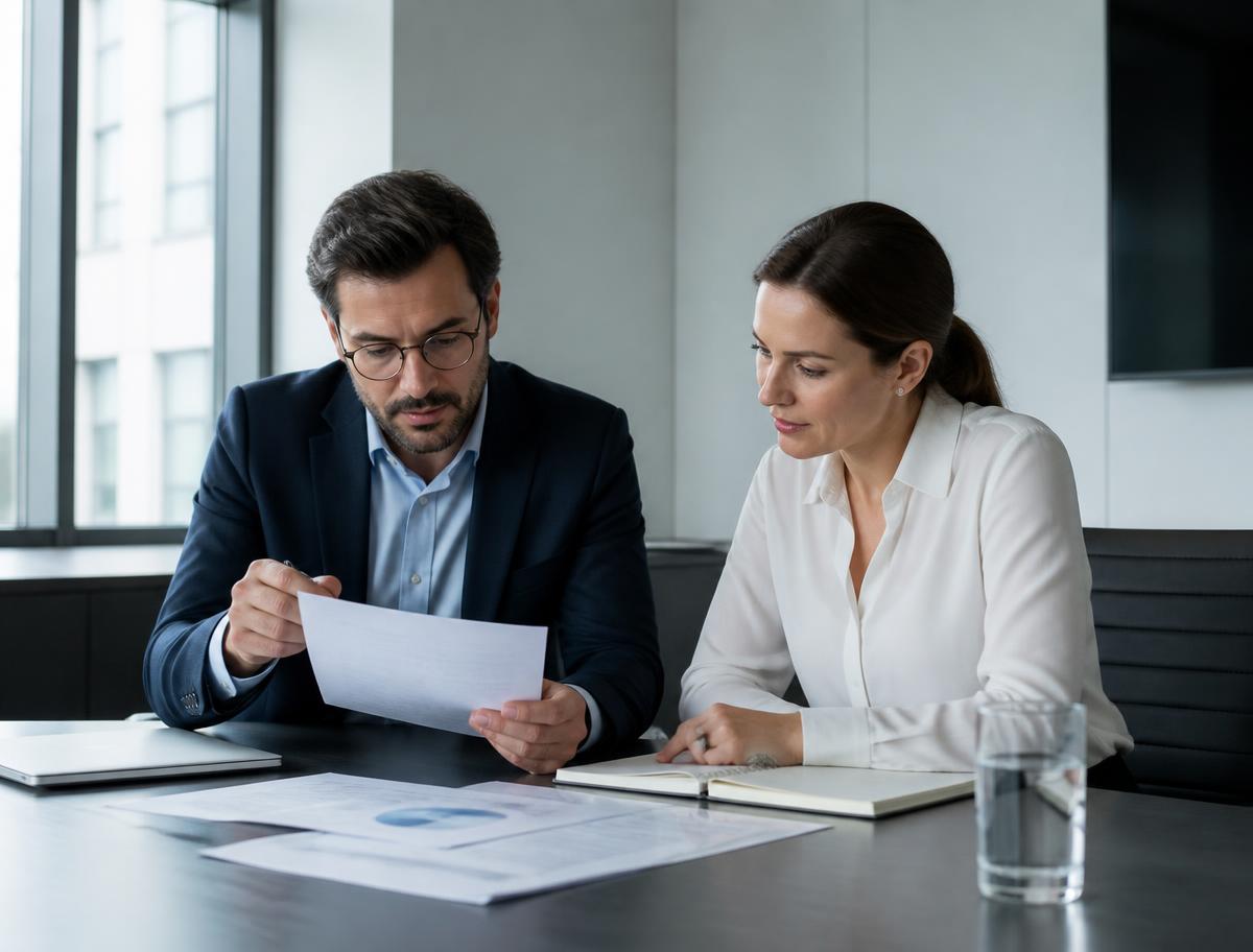 Two professionals reviewing project documents in a conference room